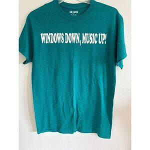 Gildan Unisex Windows Down Music UP! Teal Crew Neck T Shirt Size M